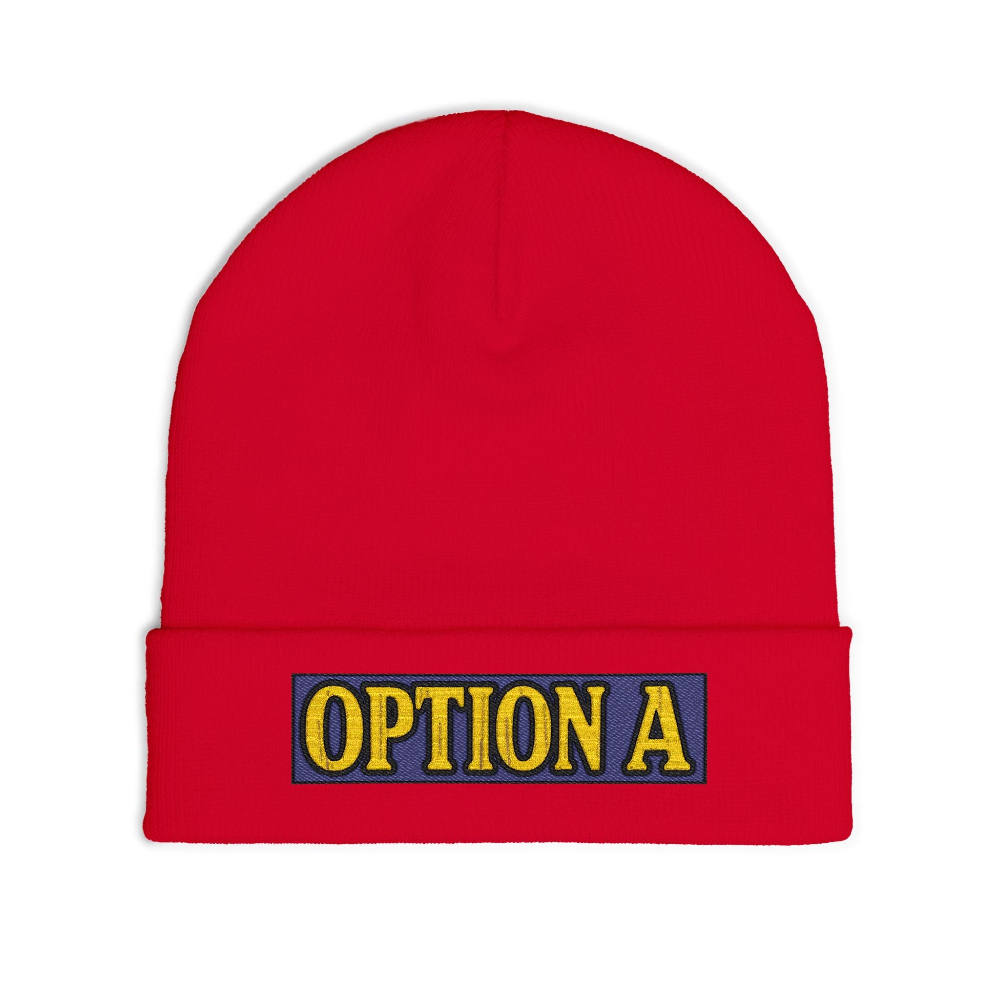Option A Embroidered Knit Beanie — Cozy Winter Hat with Bold Patch