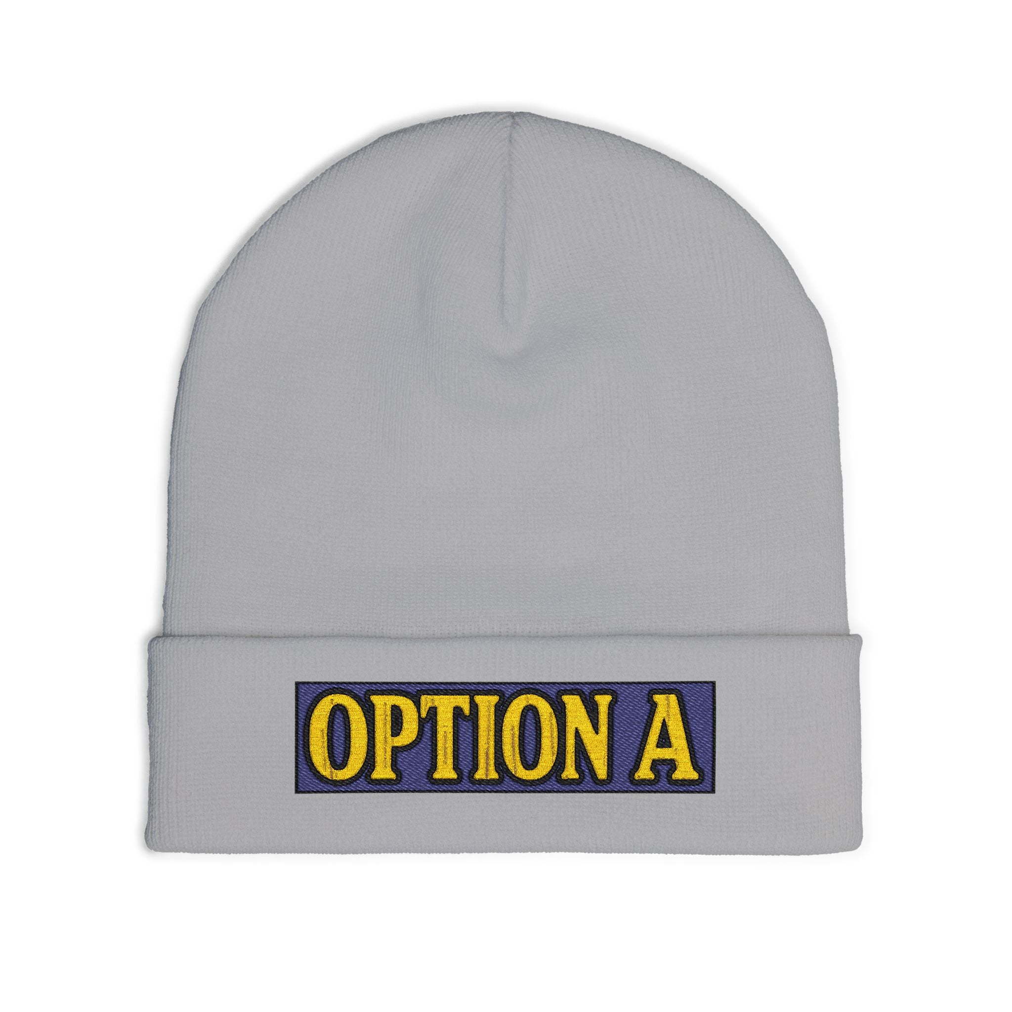 Option A Embroidered Knit Beanie — Cozy Winter Hat with Bold Patch