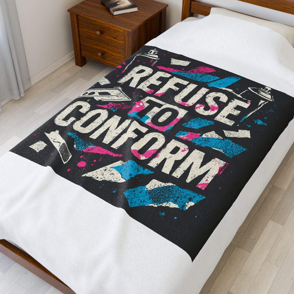 Refuse to Conform Velveteen Plush Blanket — Retro Punk Graphic Throw