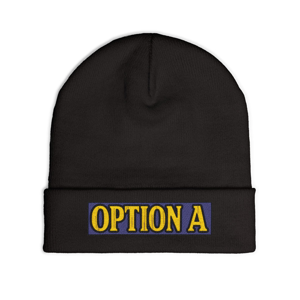 Option A Embroidered Knit Beanie — Cozy Winter Hat with Bold Patch