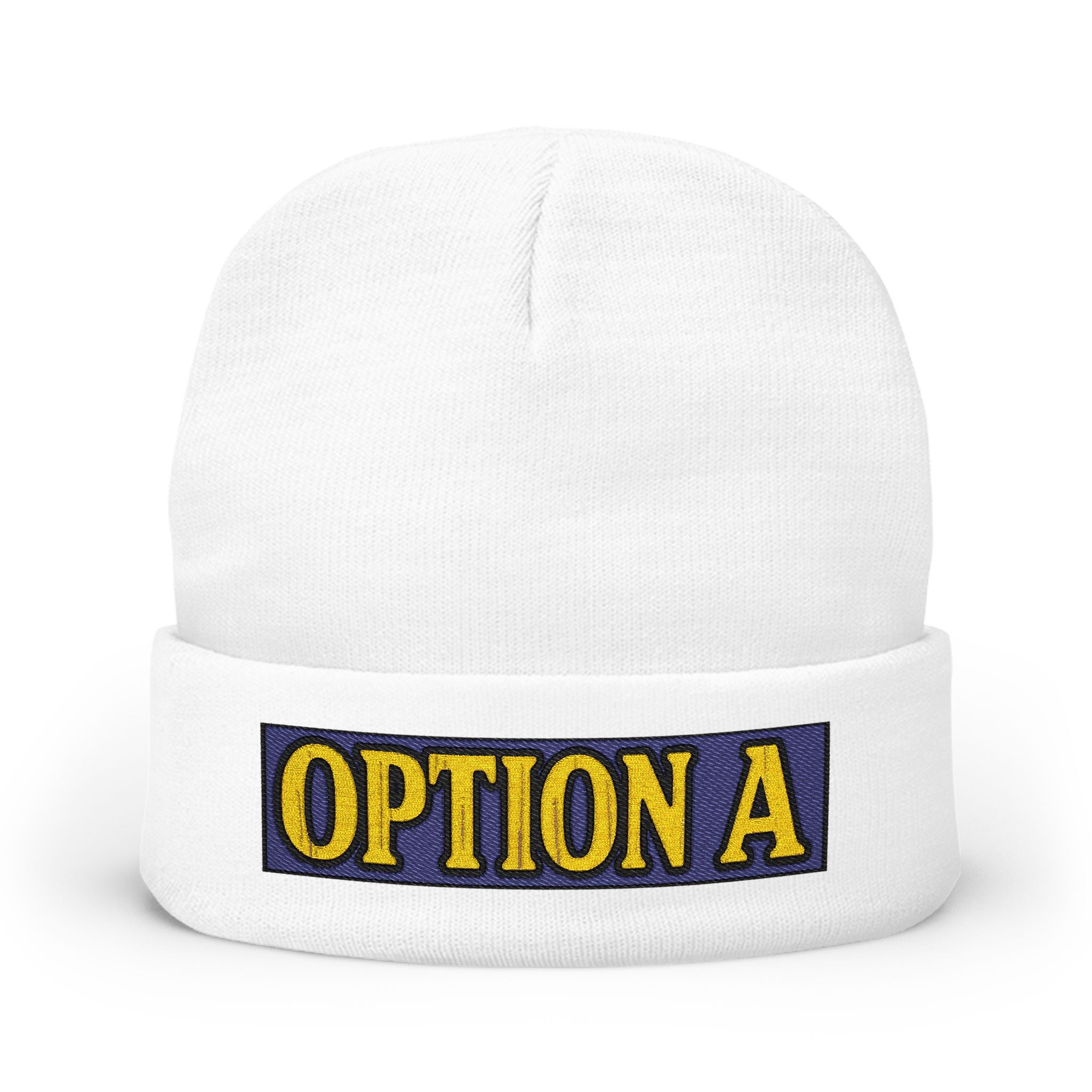 Option A Embroidered Knit Beanie — Cozy Winter Hat with Bold Patch