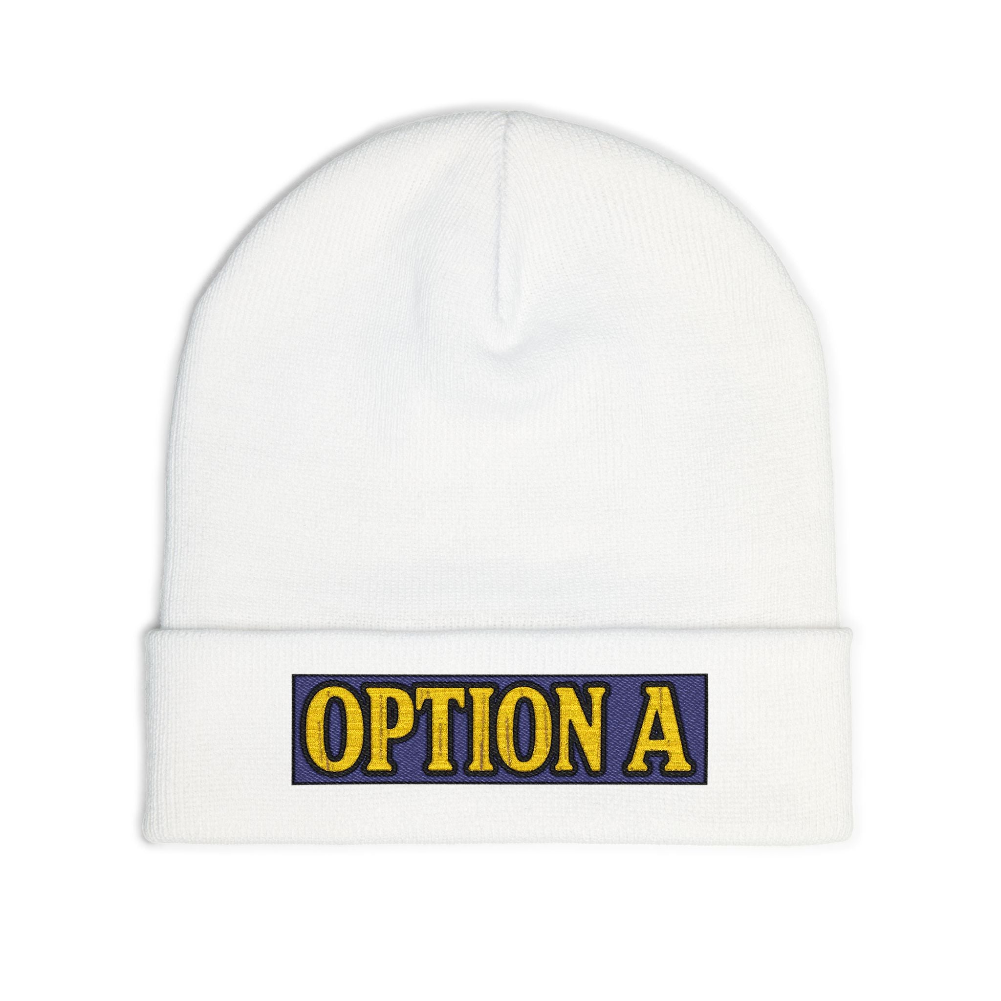 Option A Embroidered Knit Beanie — Cozy Winter Hat with Bold Patch