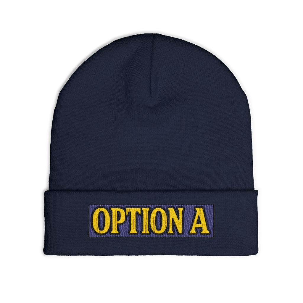 Option A Embroidered Knit Beanie — Cozy Winter Hat with Bold Patch