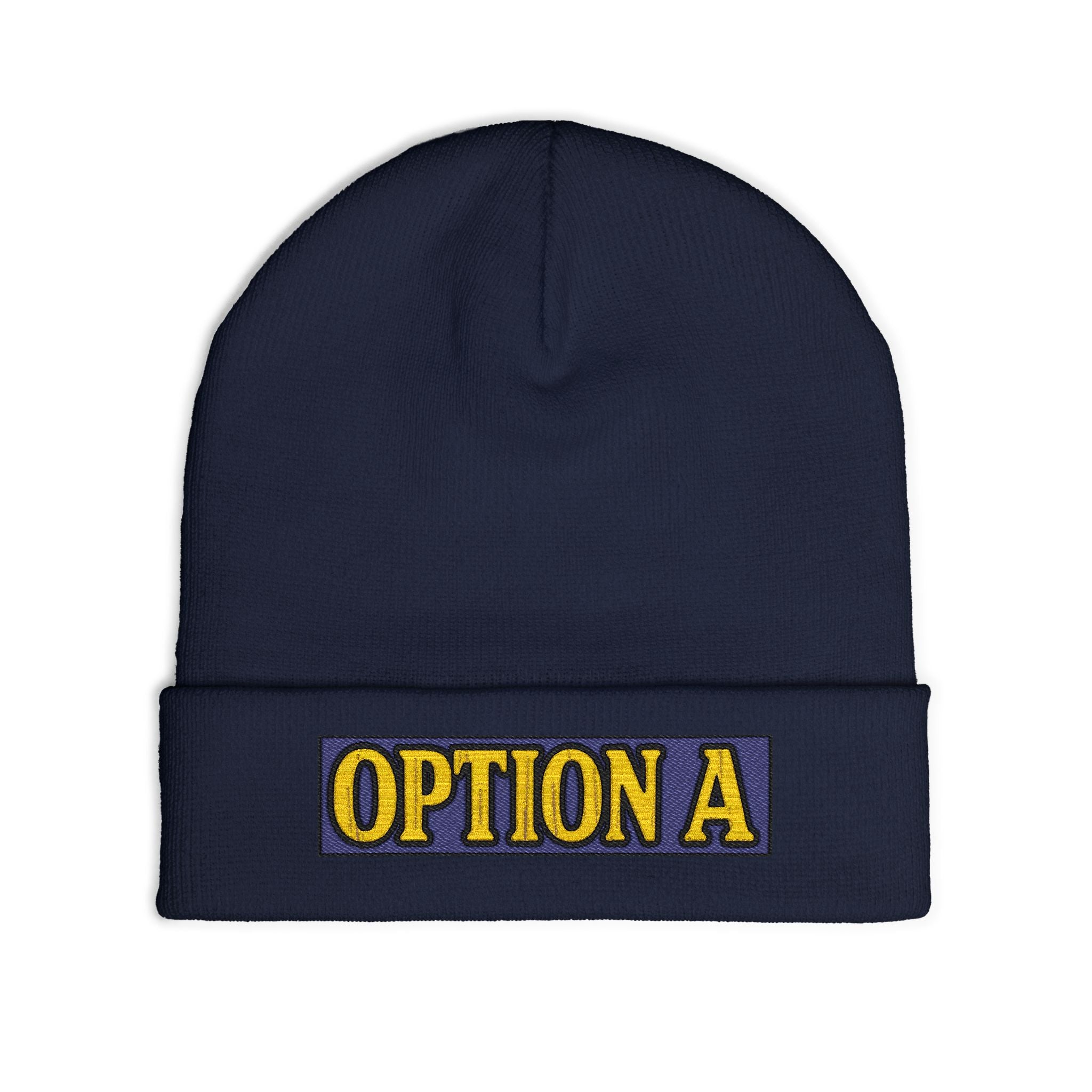 Option A Embroidered Knit Beanie — Cozy Winter Hat with Bold Patch